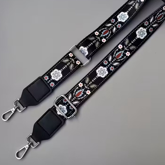 Handbags - Floral Black Crossbody Bag Strap with Silver Hardware Adjustable NWT